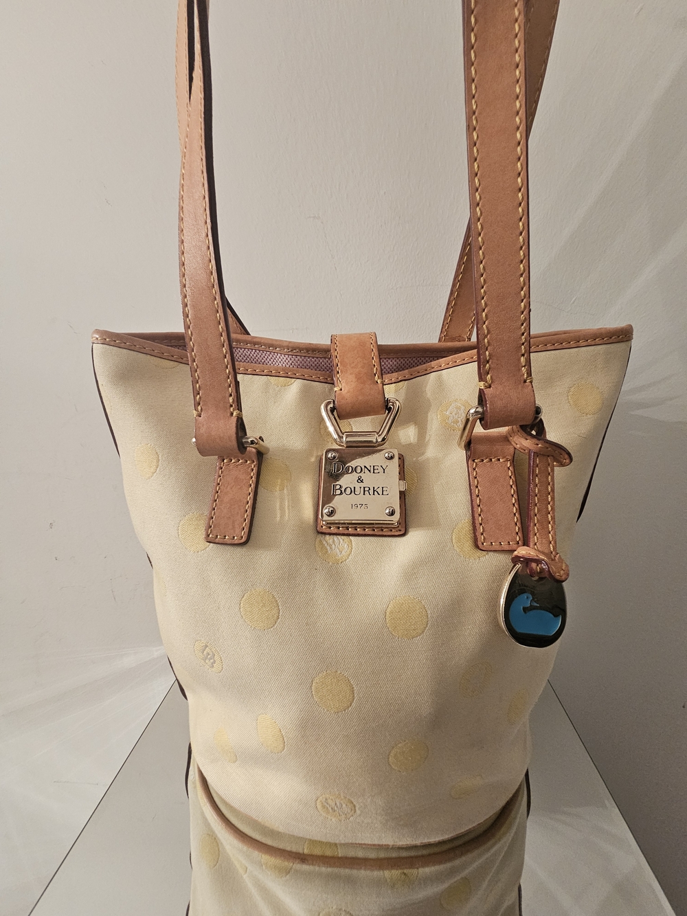 Dooney & Bourke Cream Polka Dot Canvas Tote with Leather Trim